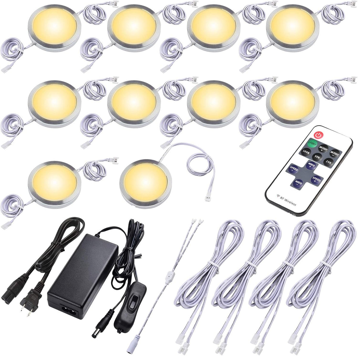 Under Cabinet LED Puck Lights, Dimmable Wireless RF Remote Control, Linkable Wired, AC120V to DC12V, Hardwired or Wall Plug, 14 Lights, Warm White O189635