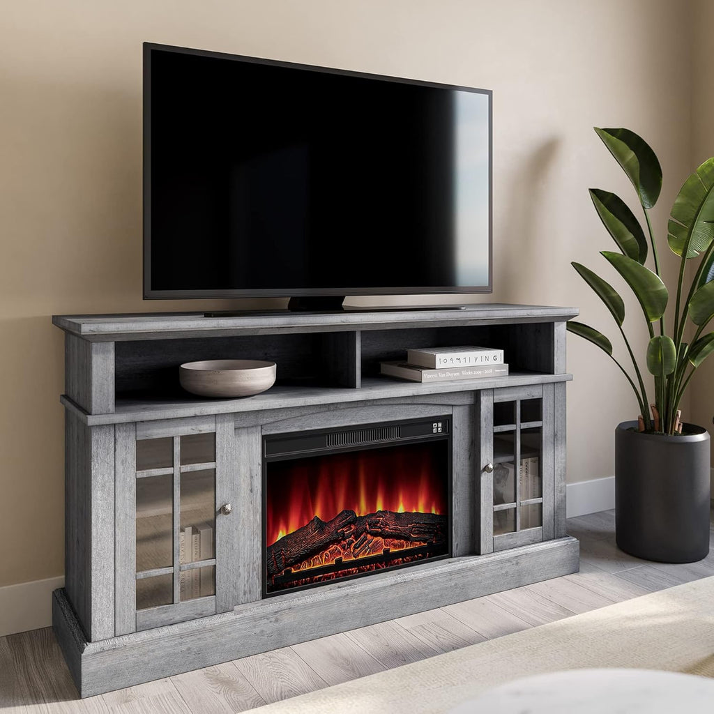 Gray Wash Electric Fireplace TV Stand with Open Storage Shelves & Cabinets X838