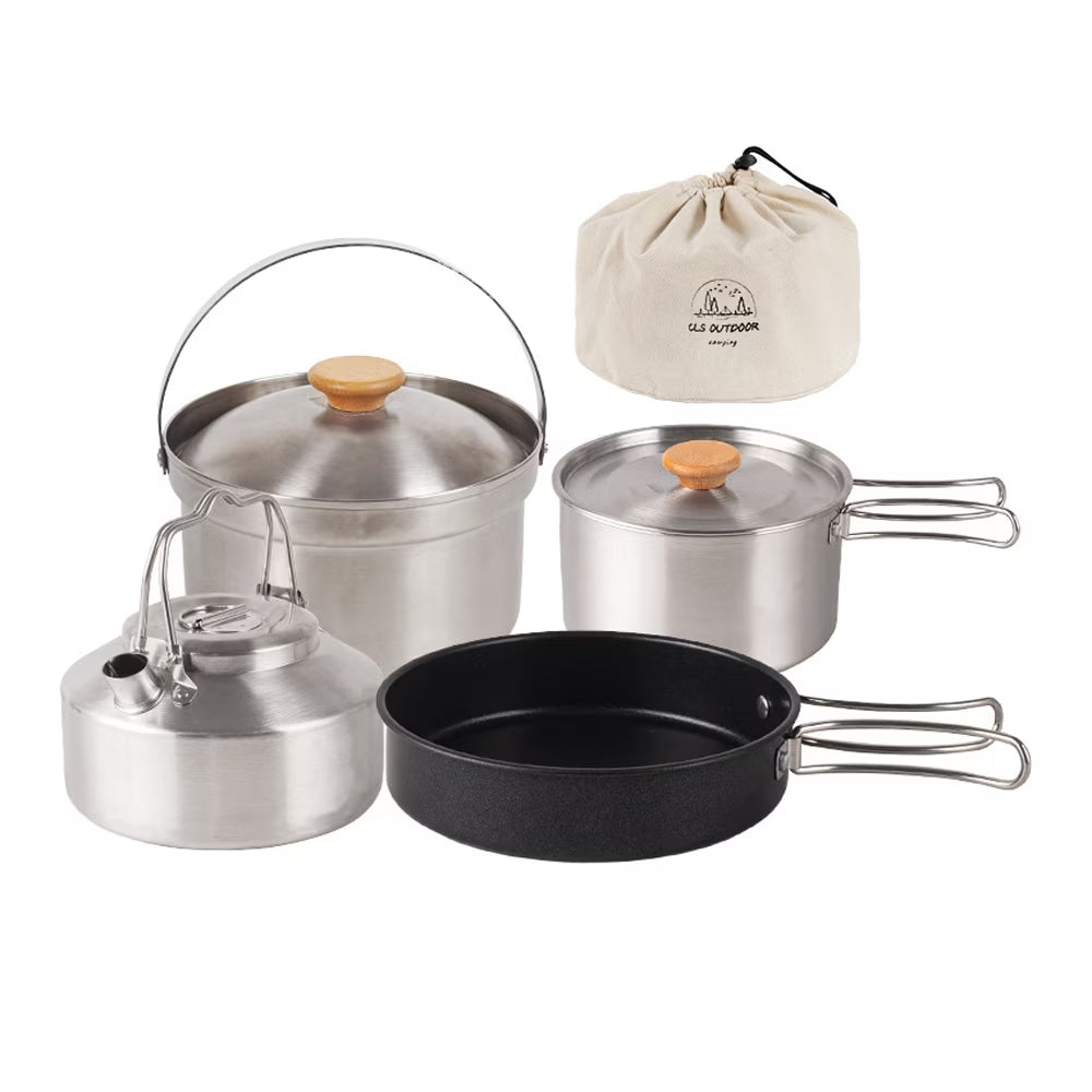 Stainless Steel Camping Cookware Set with Pot Frying Pan Kettle E40642