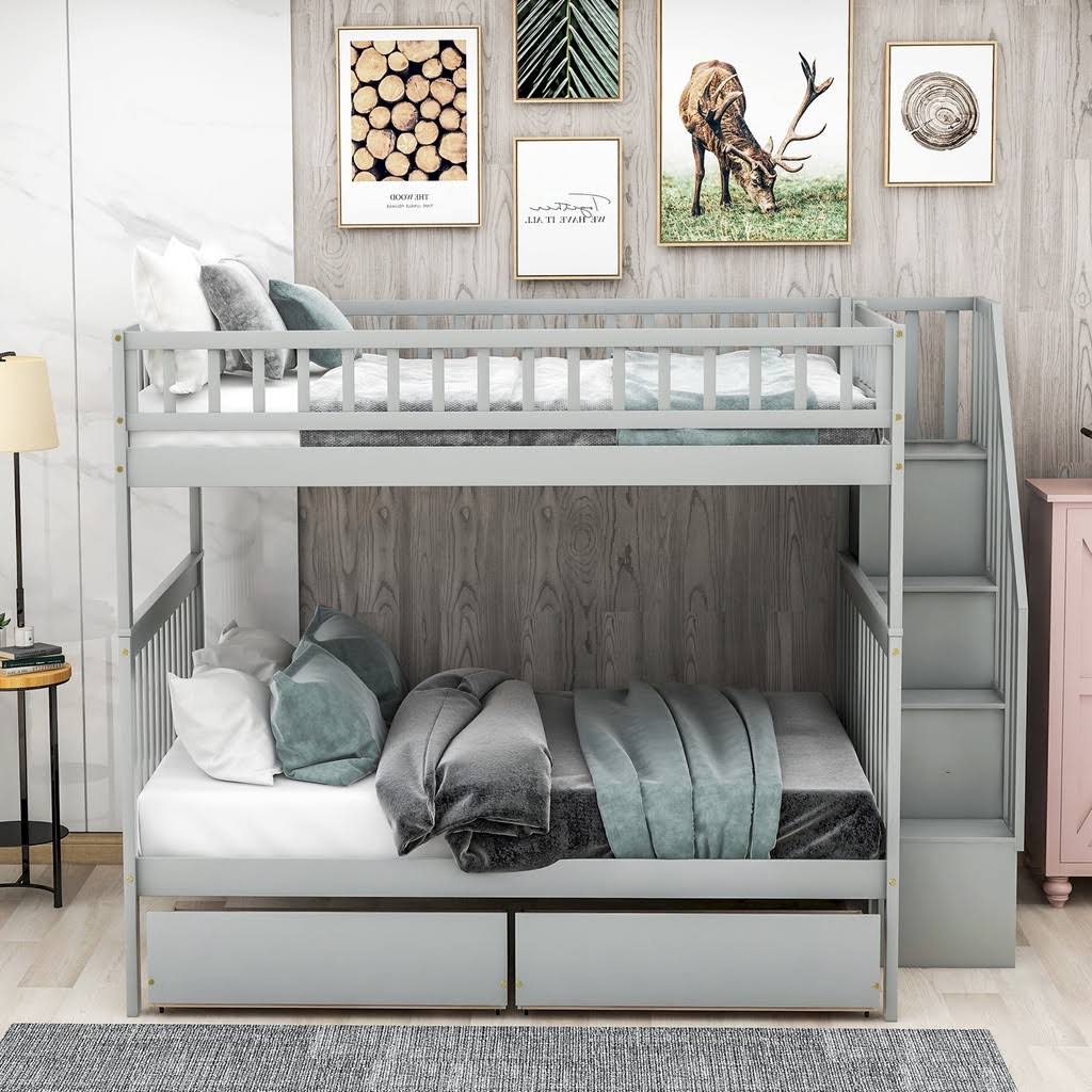 Full Over Full Bunk Bed with Storage Shelves and 2 Under Storage Drawers R2240