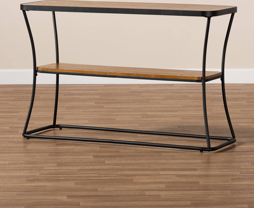 Rustic Industrial Walnut Brown Wood and Black Metal Console Table S547