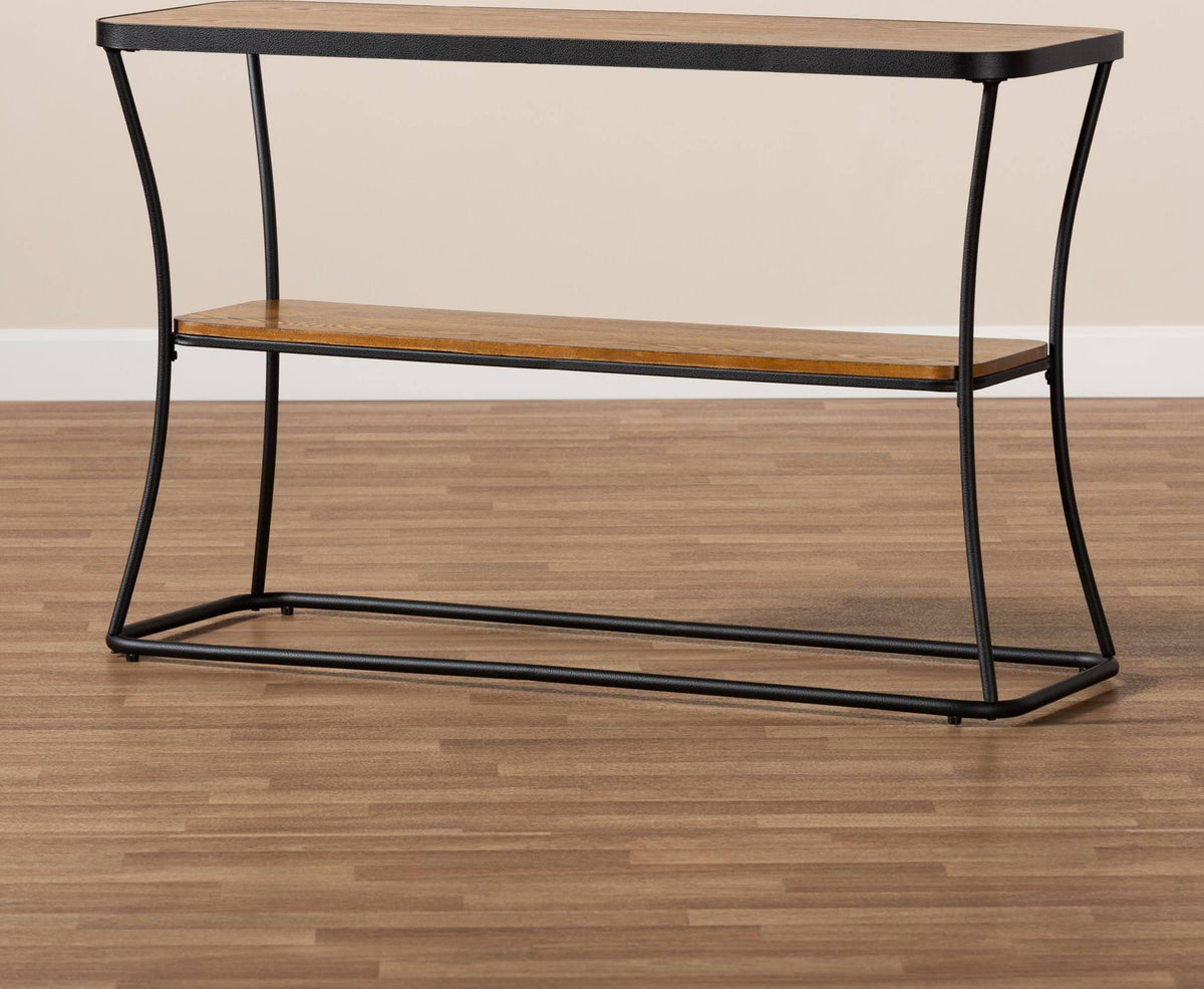 Rustic Industrial Walnut Brown Wood and Black Metal Console Table S547