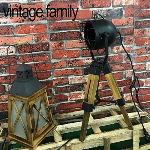 Industrial Vintage Tripod Floor Lamp, Wooden Stand, Black R3114