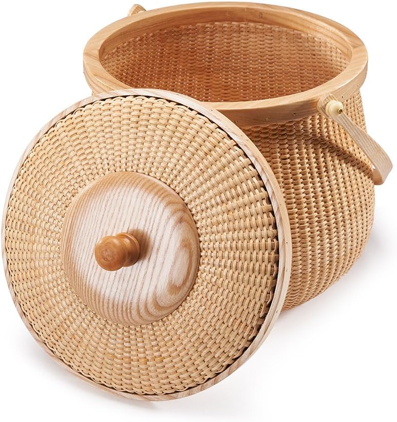 Natural ash wood and cane round baskets with swing handle removable lids X7512