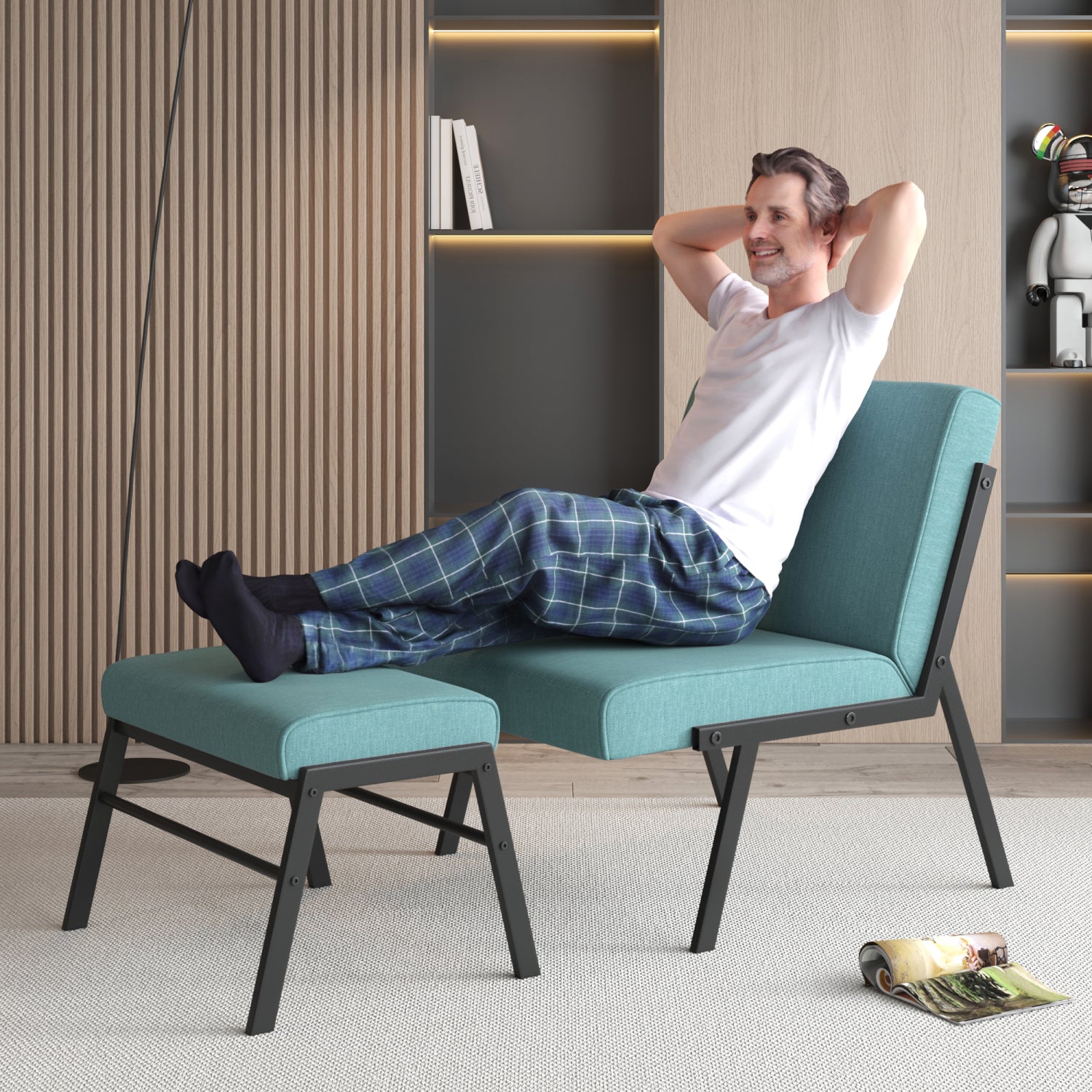 Blue Linen Upholstered Accent Chair with Ottoman H9274