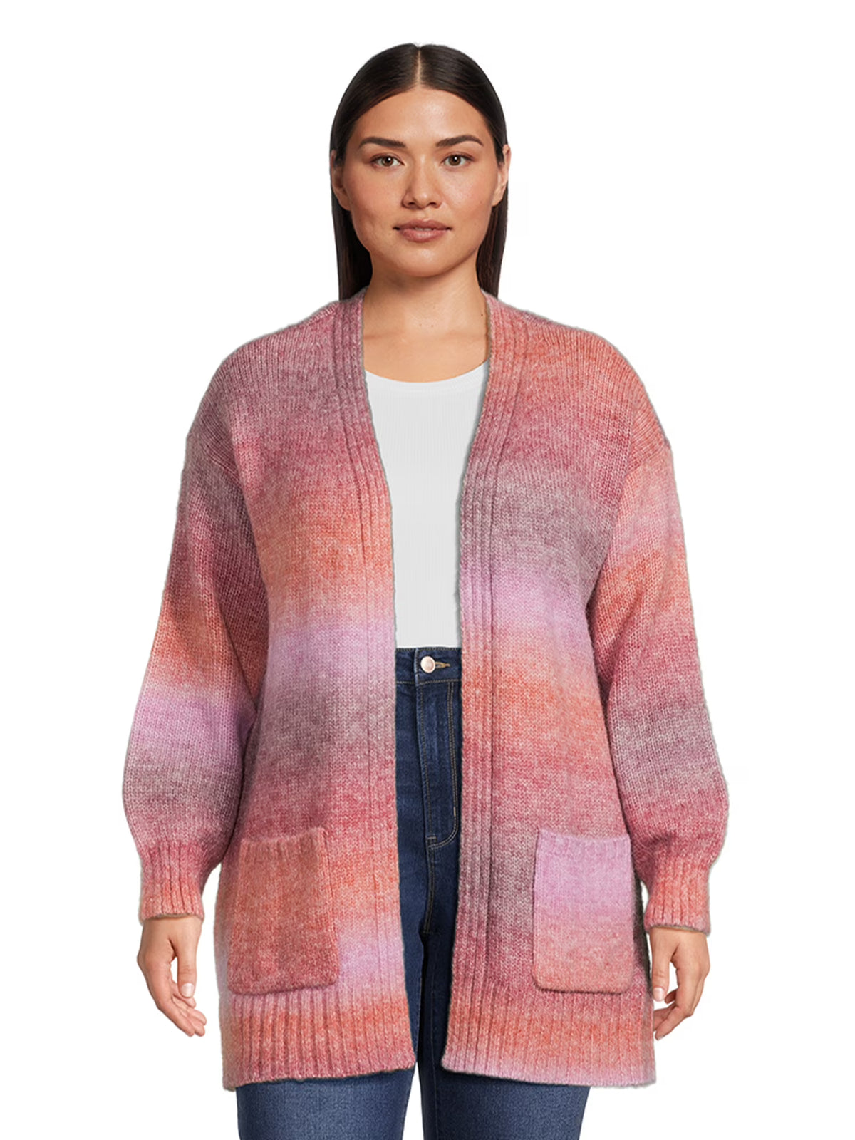 Women's Plus Size Drop Shoulder Open Cardigan with Balloon Sleeves H894119