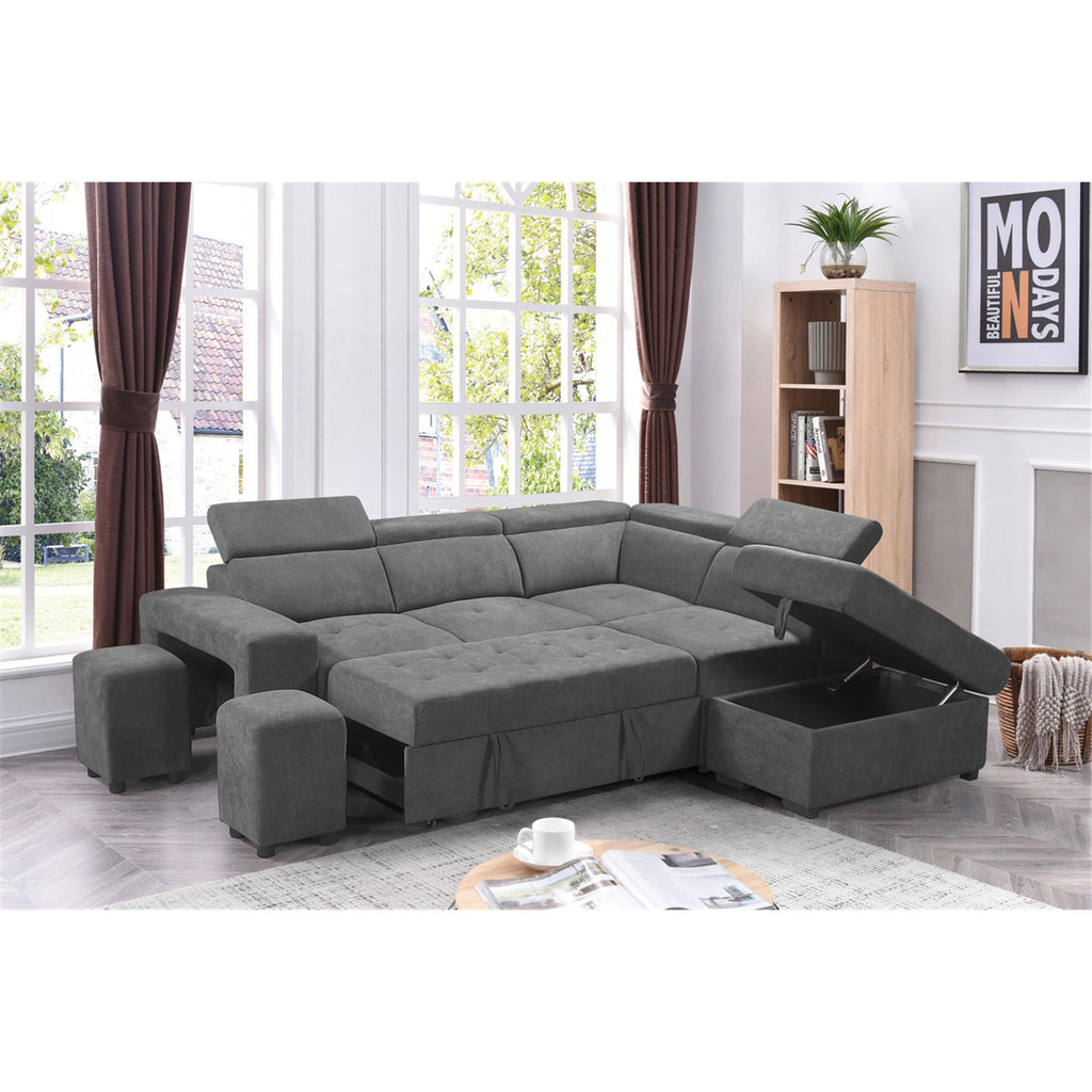 Light Gray Sleeper Sectional Sofa with Storage Ottoman and 2 Stools F682156
